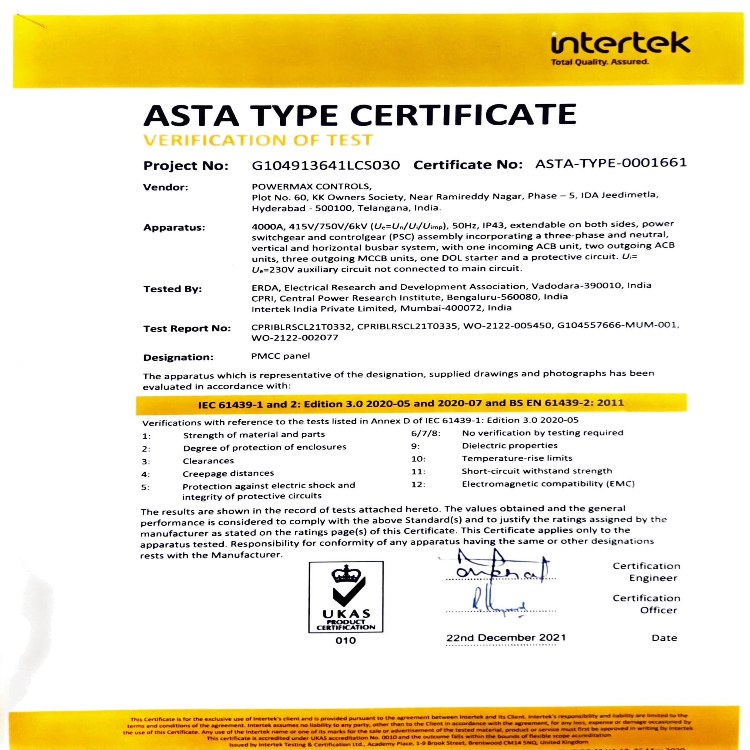 asta certificate